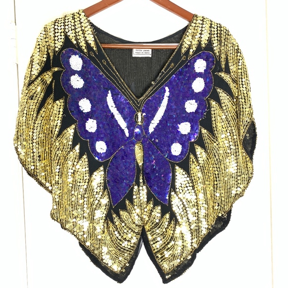 Vintage Tops - Vintage Pure Silk Sequin Butterfly Top